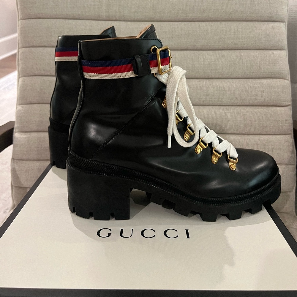 Authentic Gucci Sylvie Web Leather Bootie, Sz 39.5